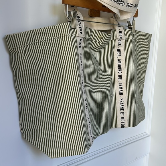 Sezane Cabas Libre Service Weekender Large Tote Green Stripe Cream 100% Cotton - Picture 4 of 14